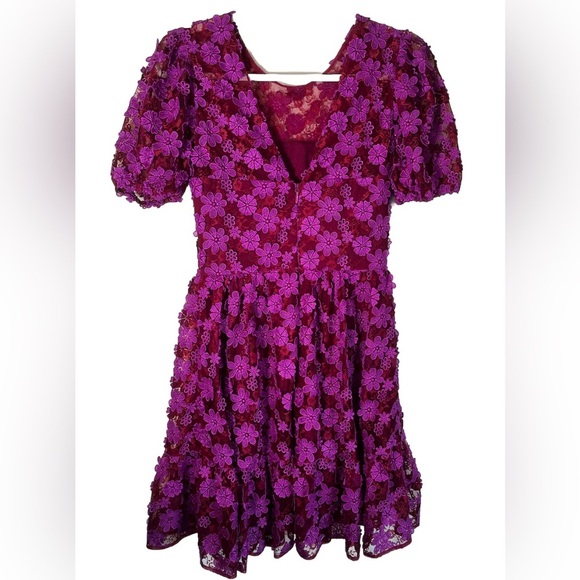 DRESS THE POPULATION Puff Sleeve & Flare Red and Purple Lace Appliqué Dress XS‎ - Picture 3 of 5